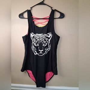 Justice Black and Pink One Piece Swimsuit with Graphic Design